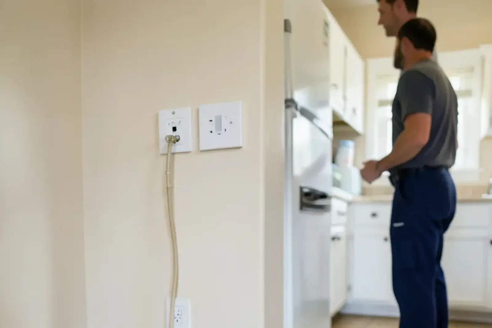 Recessed ice maker outlet box with a small valve set in a kitchen wall behind where the refrigerator stands