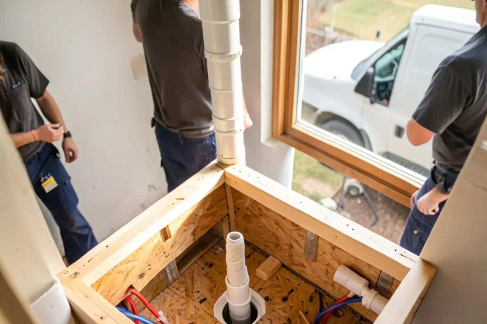 Drain and vent rough-in for a kitchen island sink rising through an open subfloor inside a framed island base