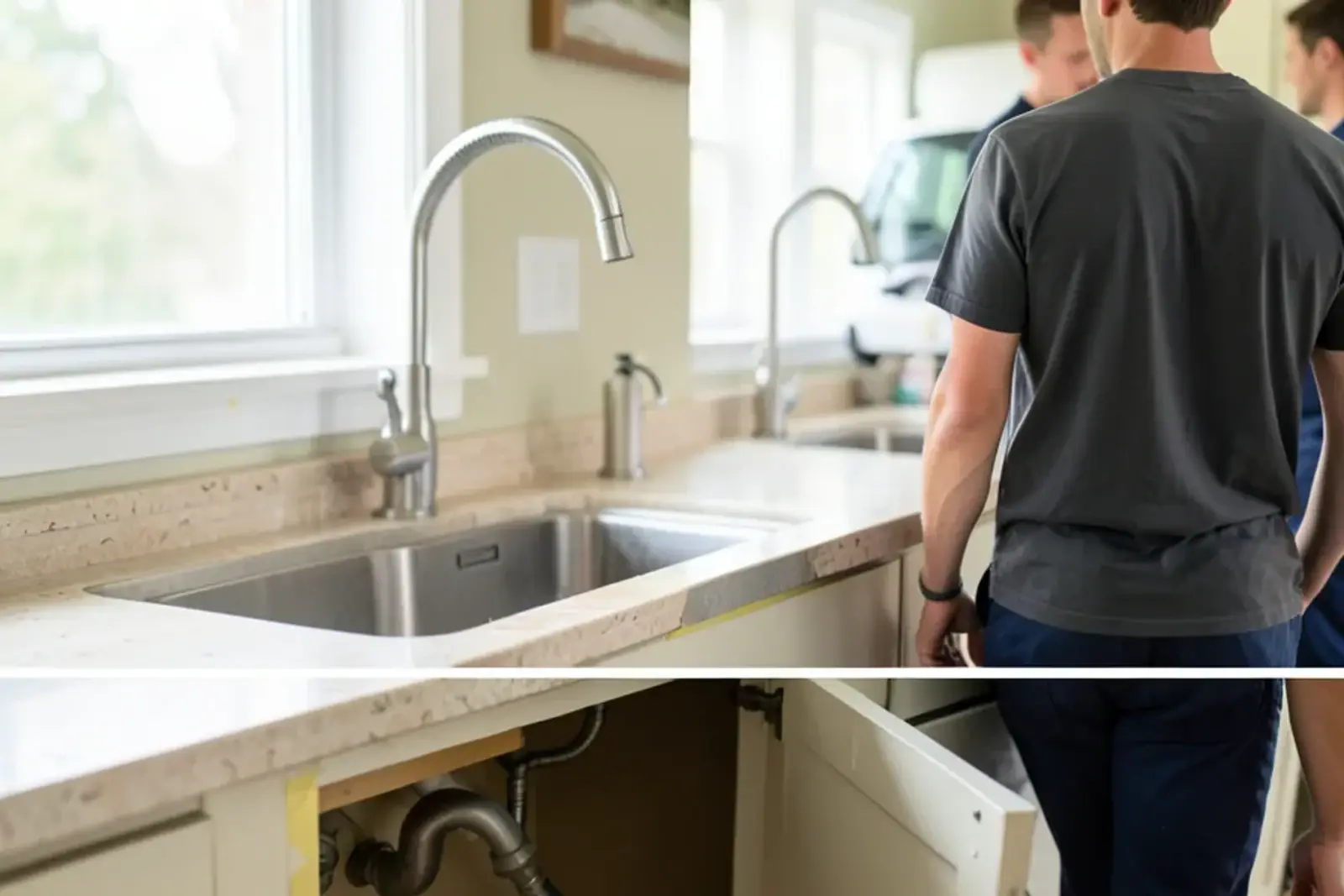 New undermount stainless sink set in a fresh stone countertop with the faucet and disposal not yet connected below