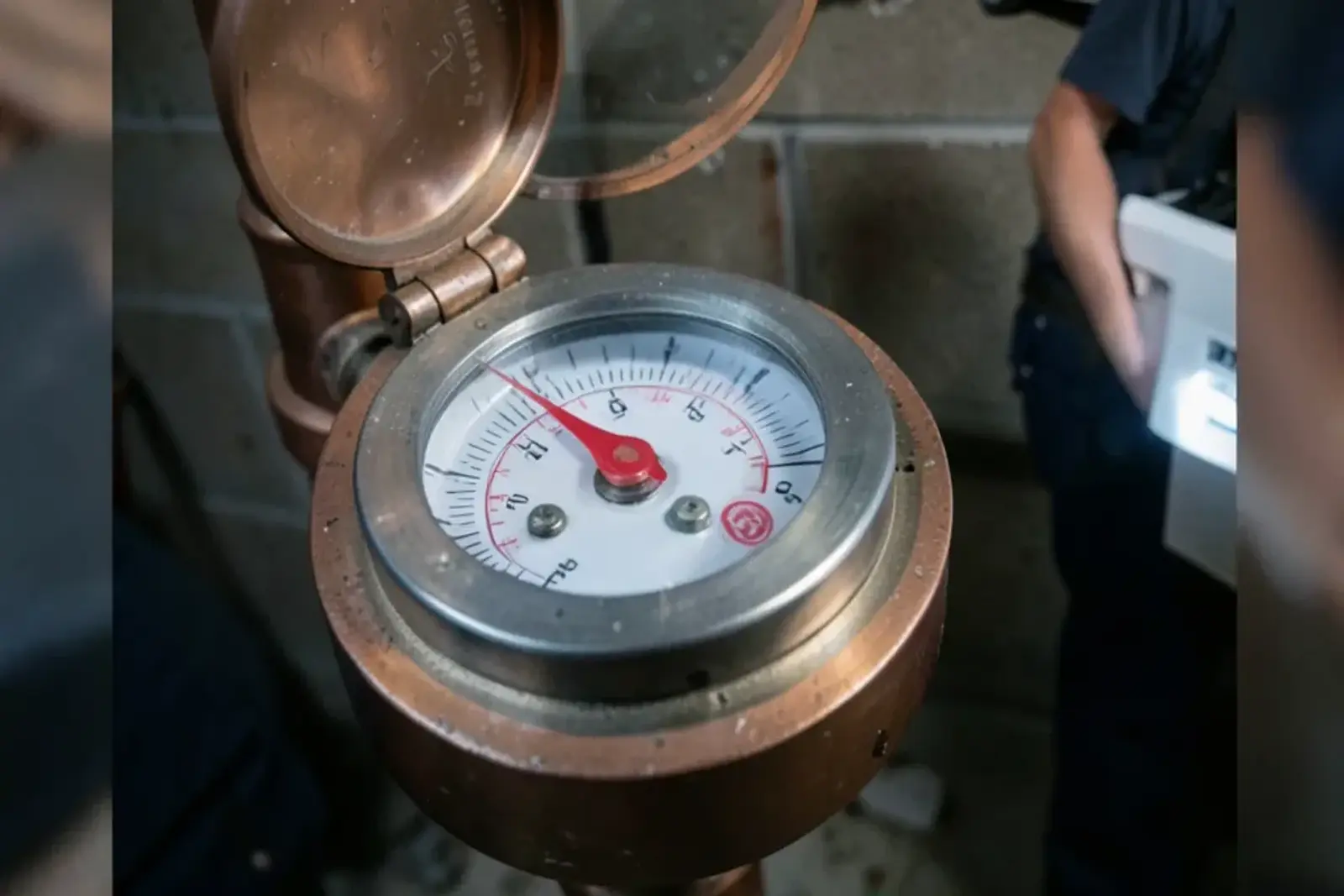 Close view of a residential water meter dial with its small low-flow indicator