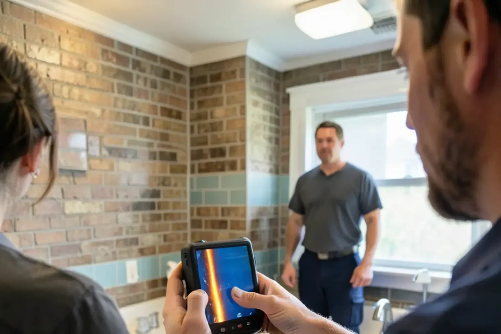 Thermal camera screen showing a warm streak on the wall behind a bathroom vanity