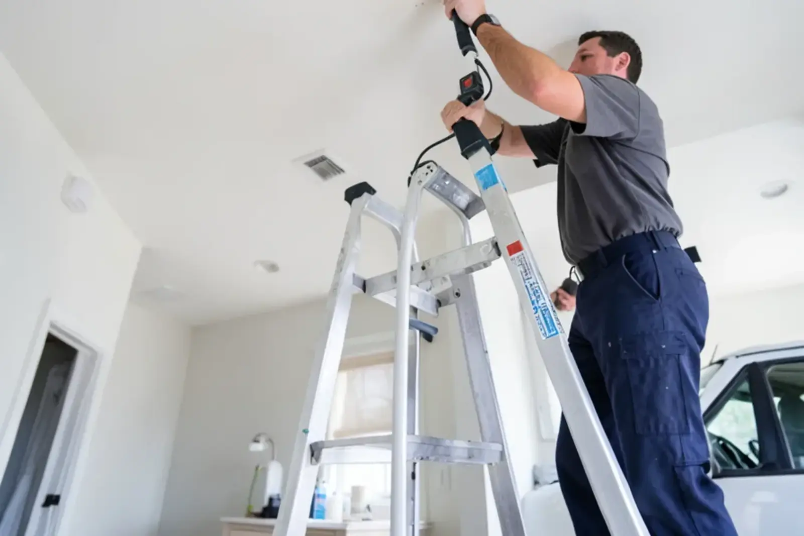 Pin moisture meter pressed into a brown water stain on a ceiling below an upstairs bathroom