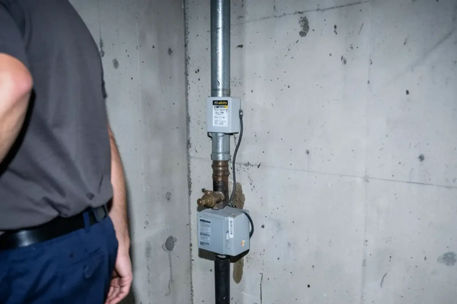 Water service pipe coming through a basement foundation wall into a meter and main shutoff valve