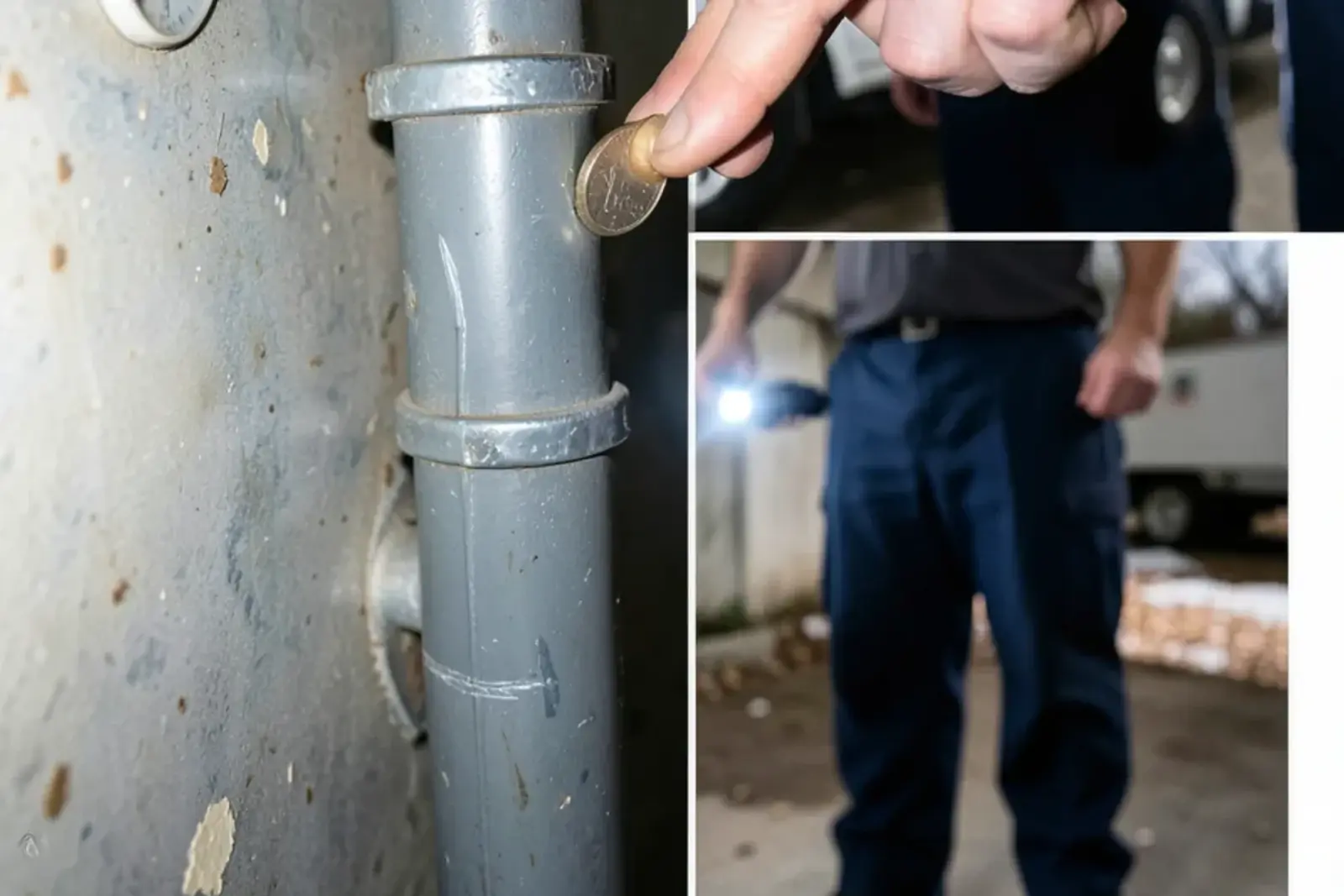 Coin scratching a service pipe beside a refrigerator magnet that sticks to dull gray galvanized steel