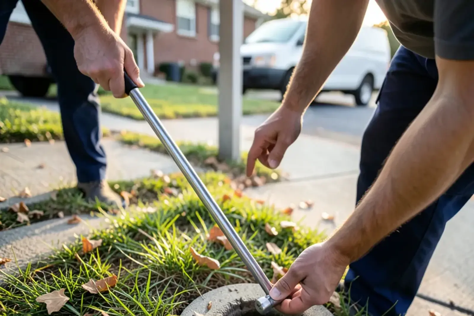 Long T-handled curb key lowered into a small round curb box near a sidewalk
