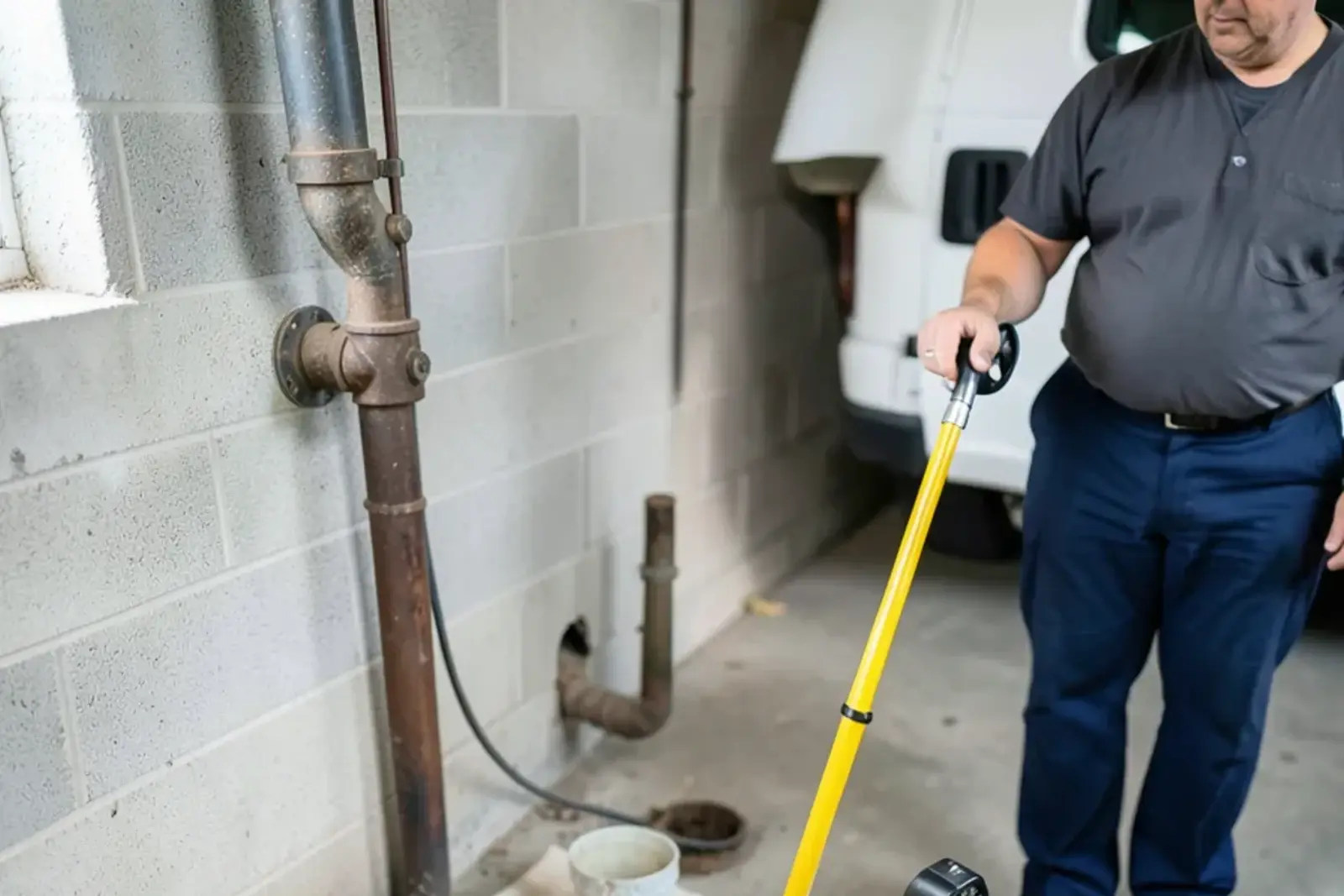 Push-rod sewer camera reel beside an open basement cleanout with the rod fed into the pipe