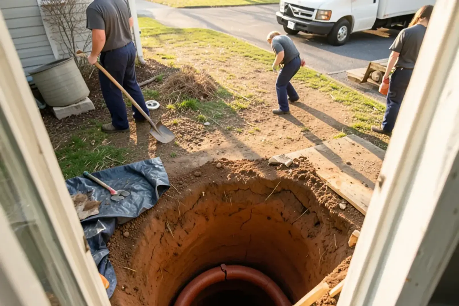 Small excavation in a front yard exposing an old clay sewer pipe with a cracked joint