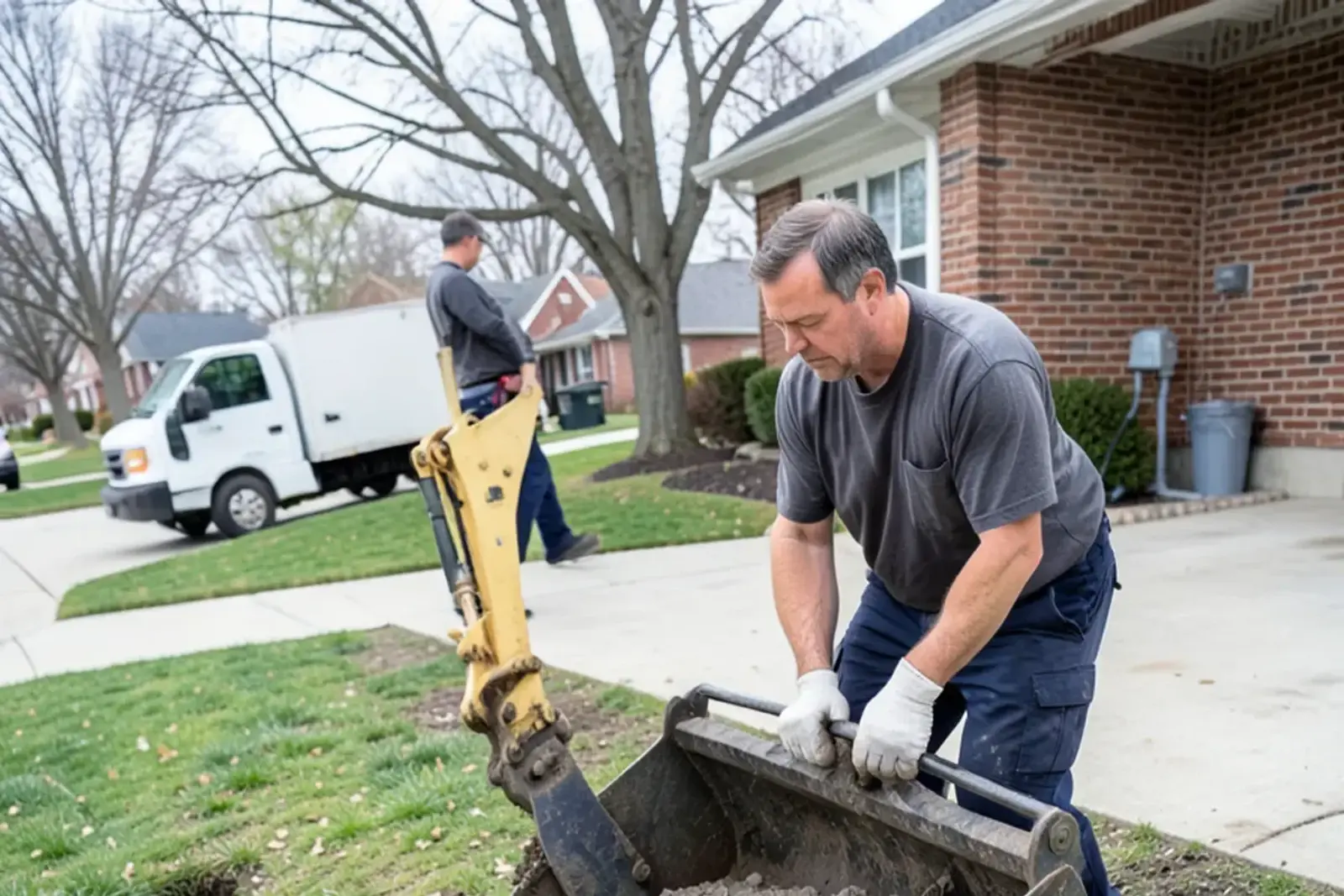 Compact excavator digging along the path of a sewer lateral beside a concrete driveway