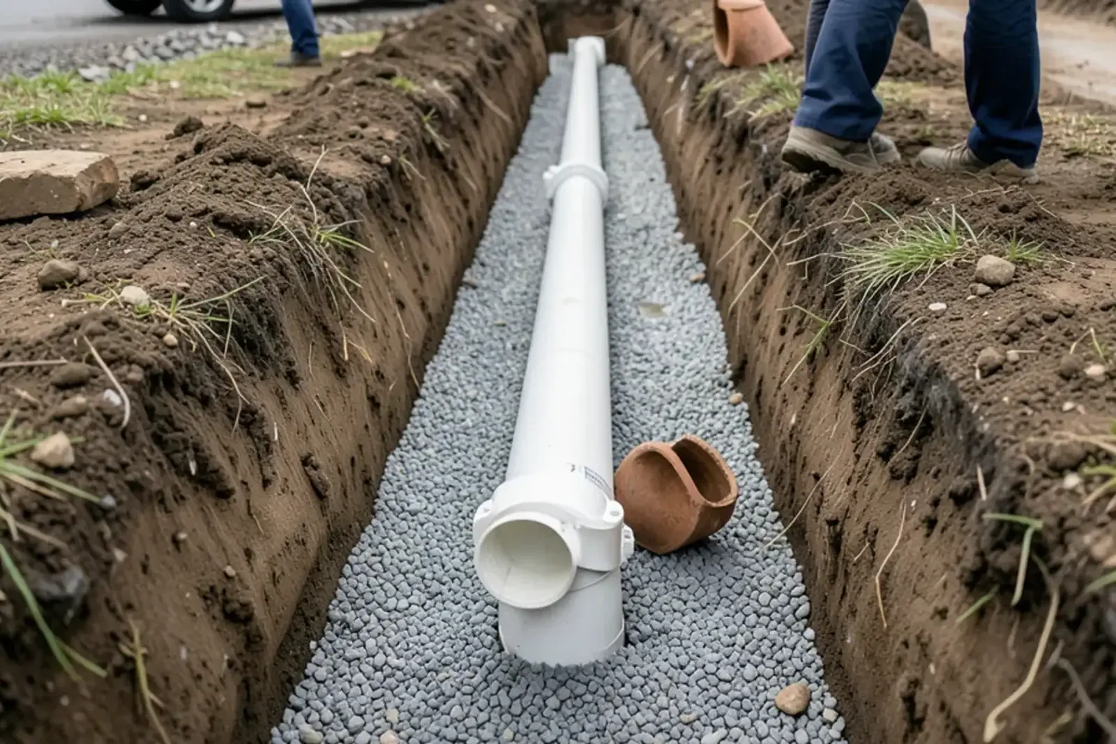 New white PVC sewer pipe joined with a fitting and bedded on gravel at the bottom of a trench