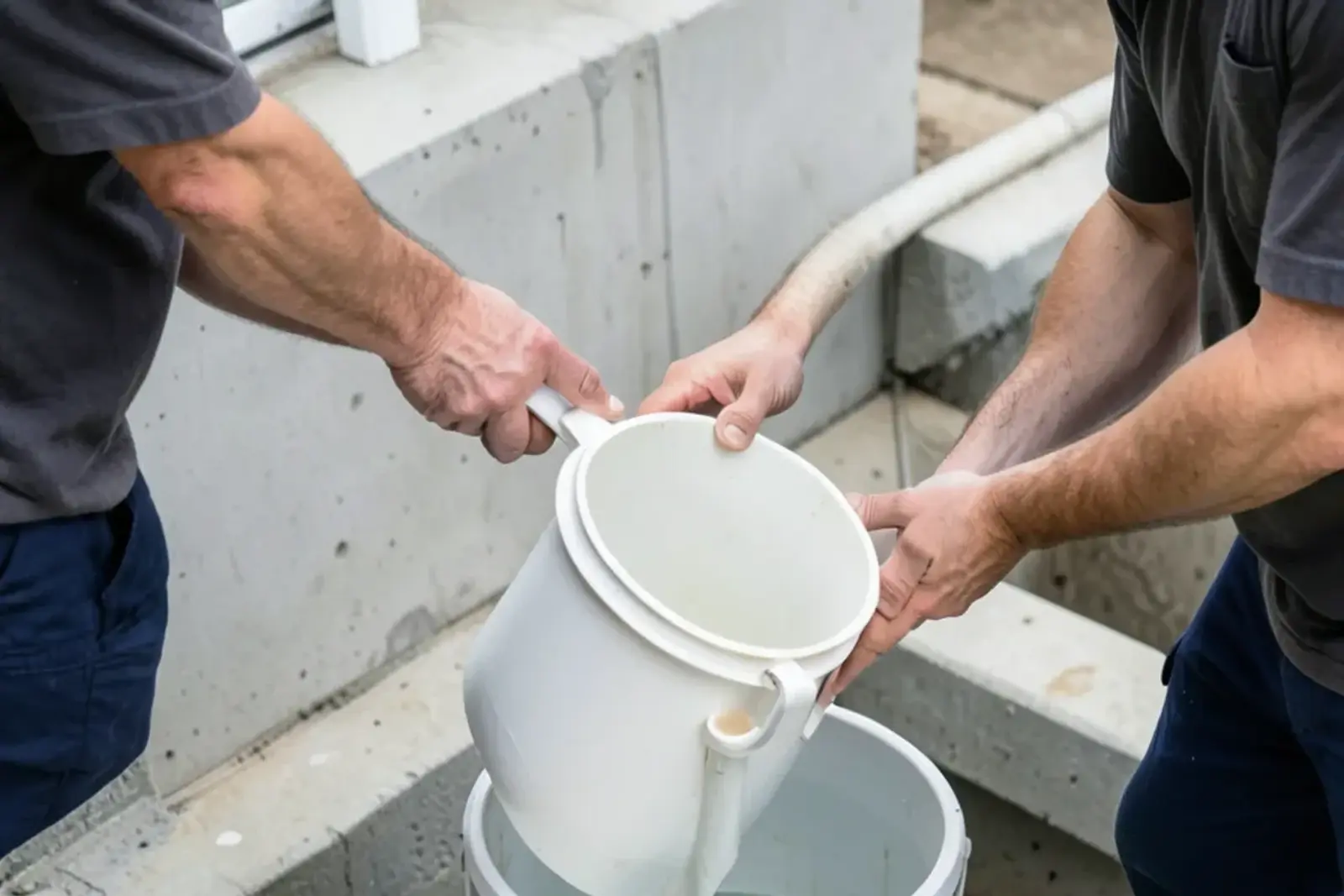 Bucket of water being poured into a sump pit to test whether the float switch starts the pump