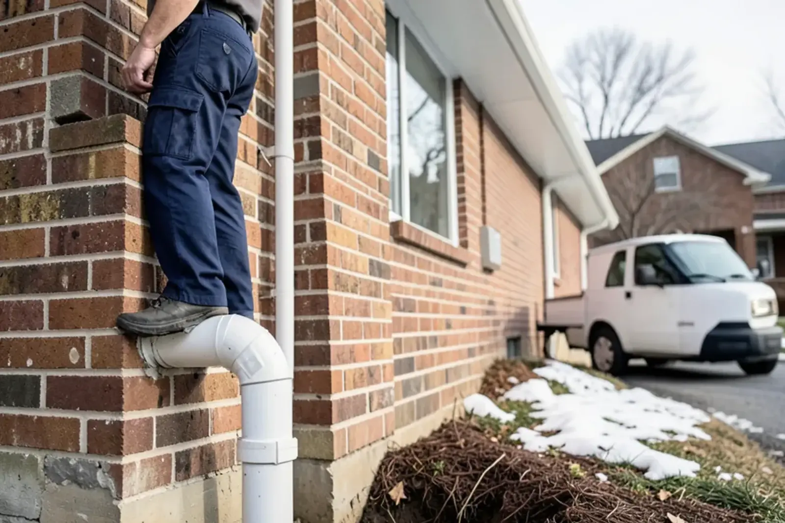 White sump discharge pipe passing through a basement wall and turning down toward a buried line
