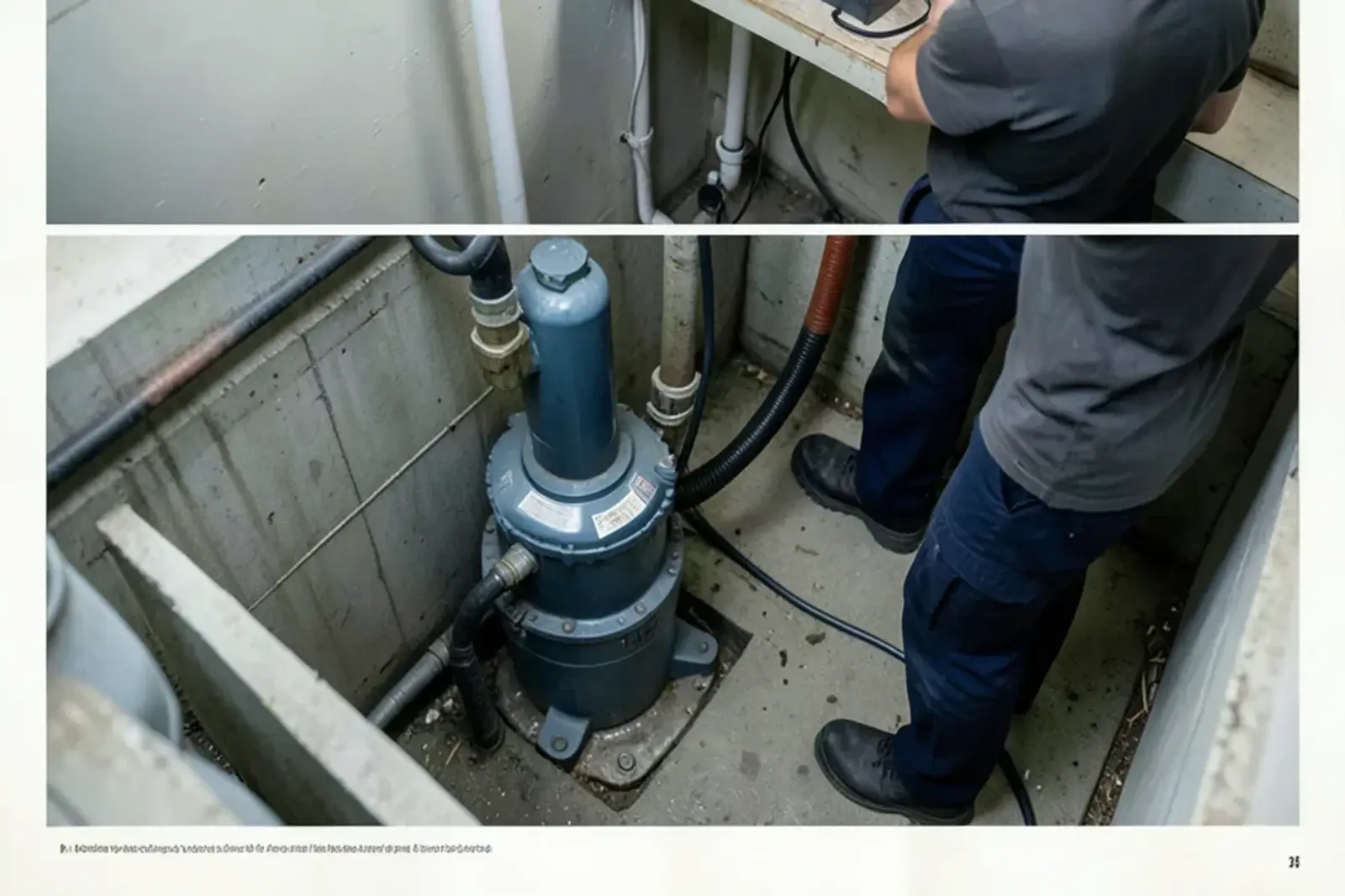 Primary sump pump and a smaller battery backup pump side by side in a basement pit with a battery case nearby