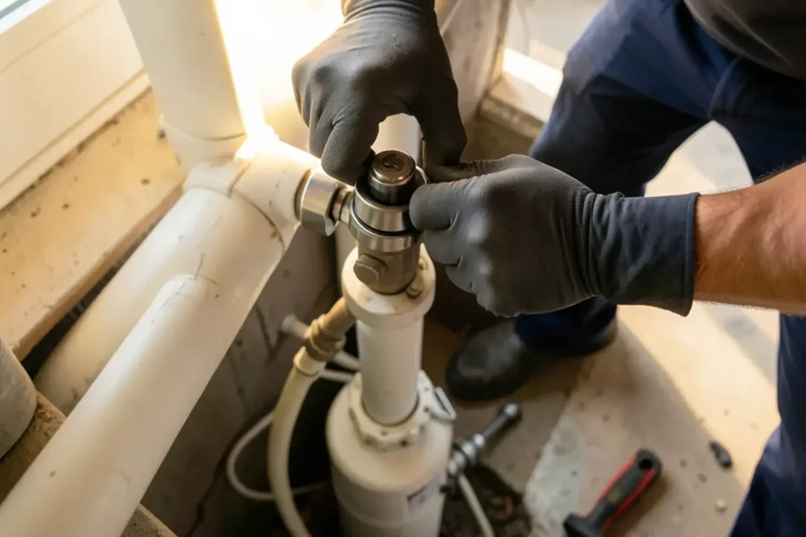Gloved hands tightening a hose clamp on a check valve above a newly installed sump pump