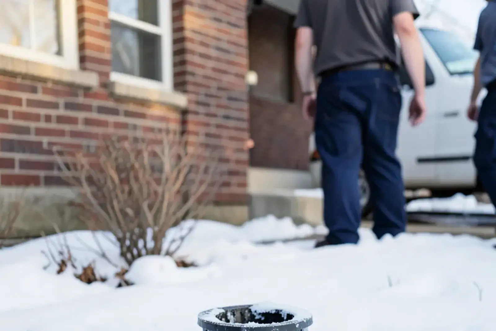 Ice built up at the outlet of a buried sump discharge line in a snowy side yard