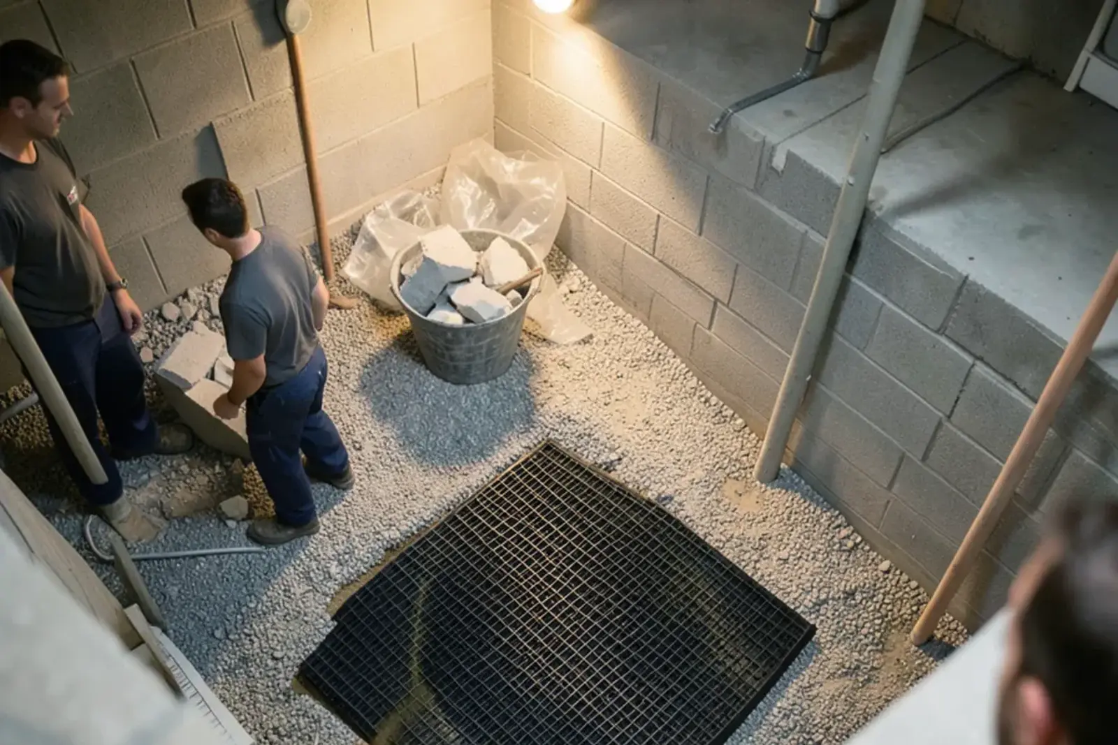 Freshly cut opening in a basement concrete floor with a new plastic sump liner set in gravel