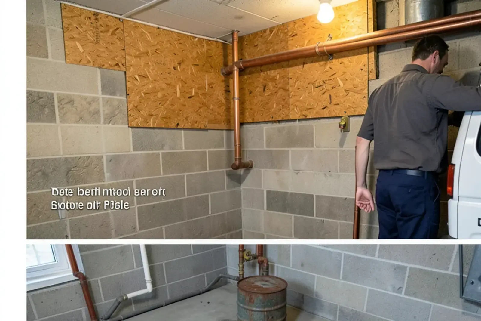 Empty basement corner with a plywood backer board mounted where a tank water heater used to stand