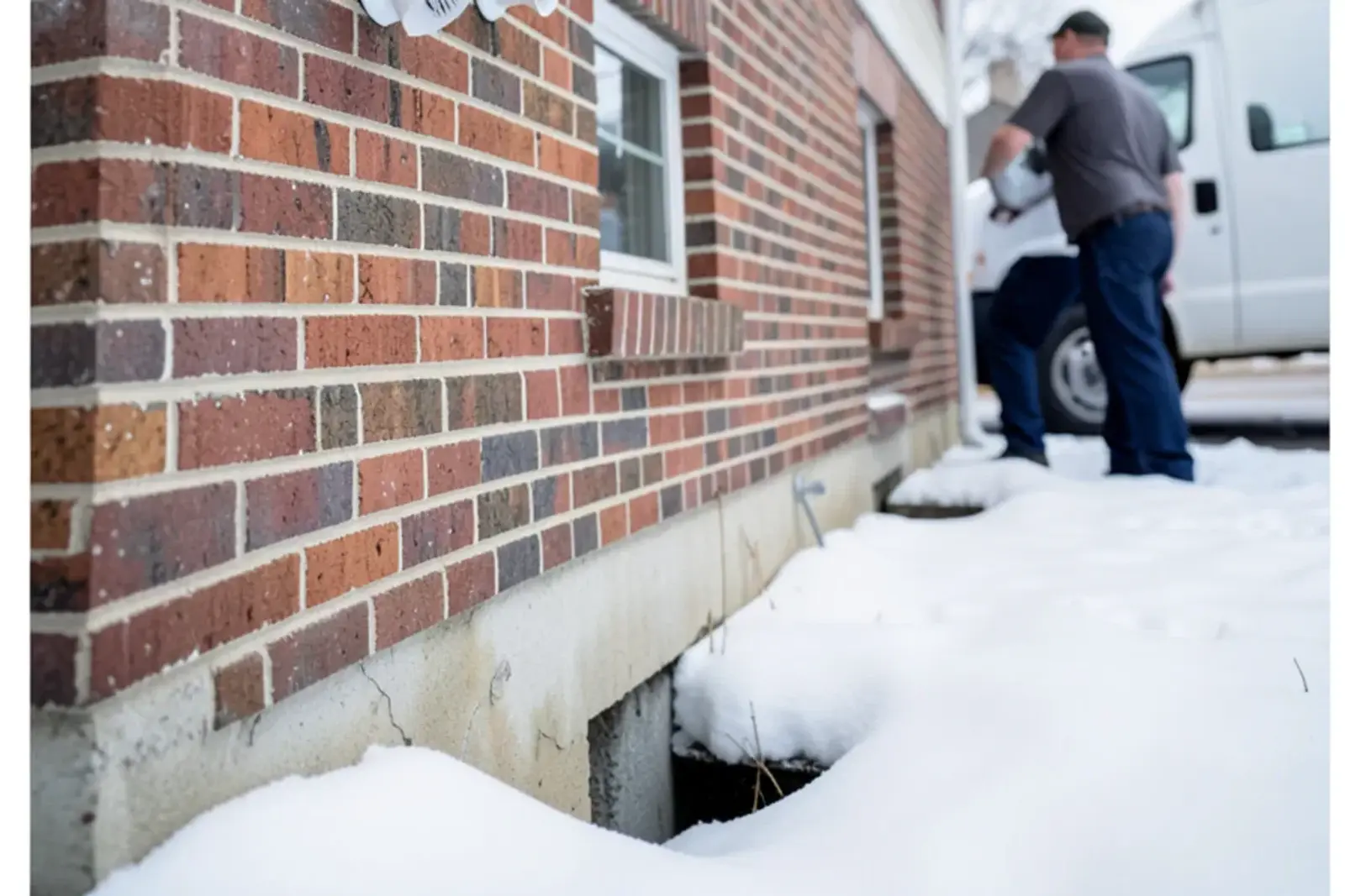 Two white plastic vent terminations through the brick rim of a ranch house above a light snow cover