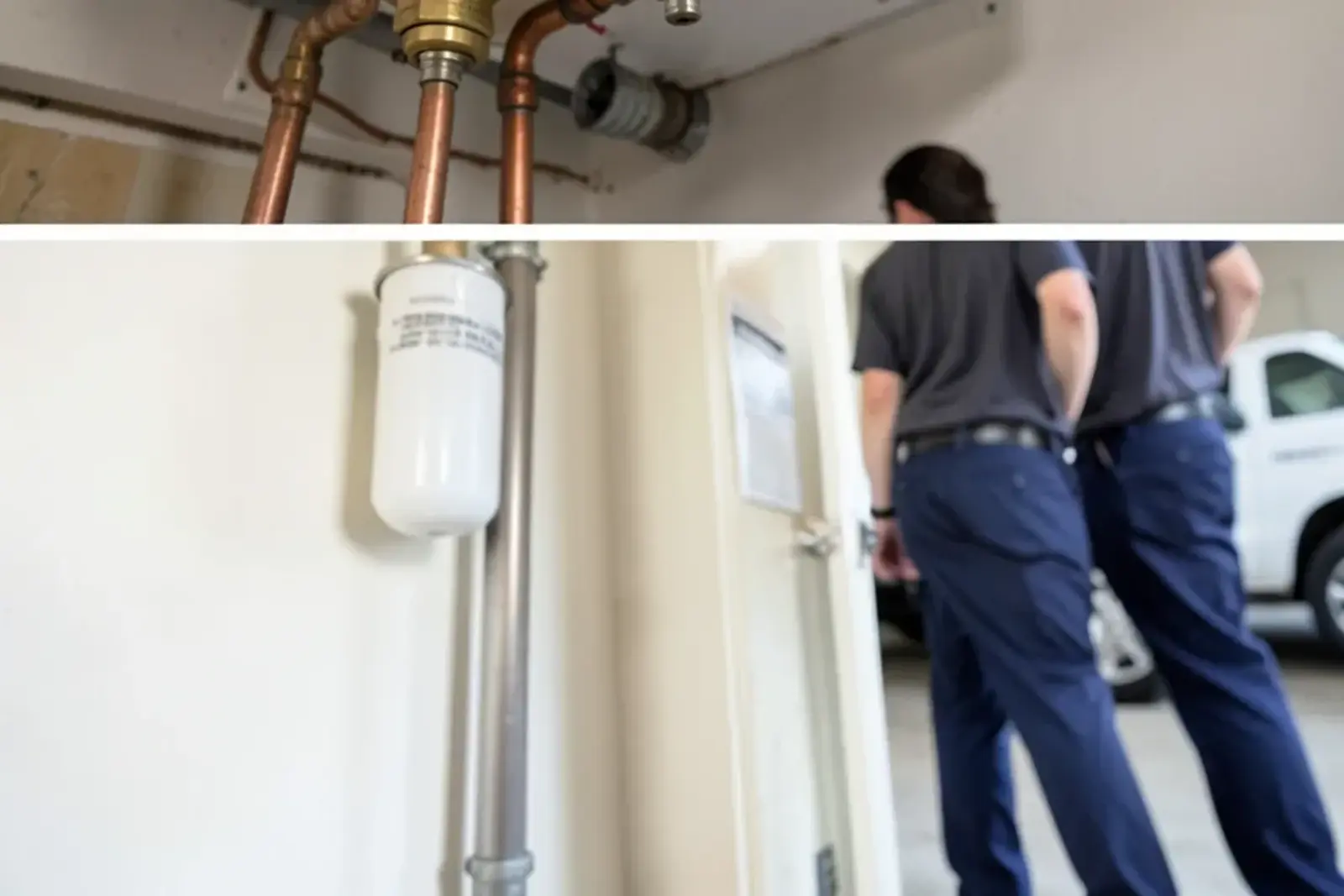 Hot and cold isolation valves with flush ports plumbed under a wall-hung tankless water heater