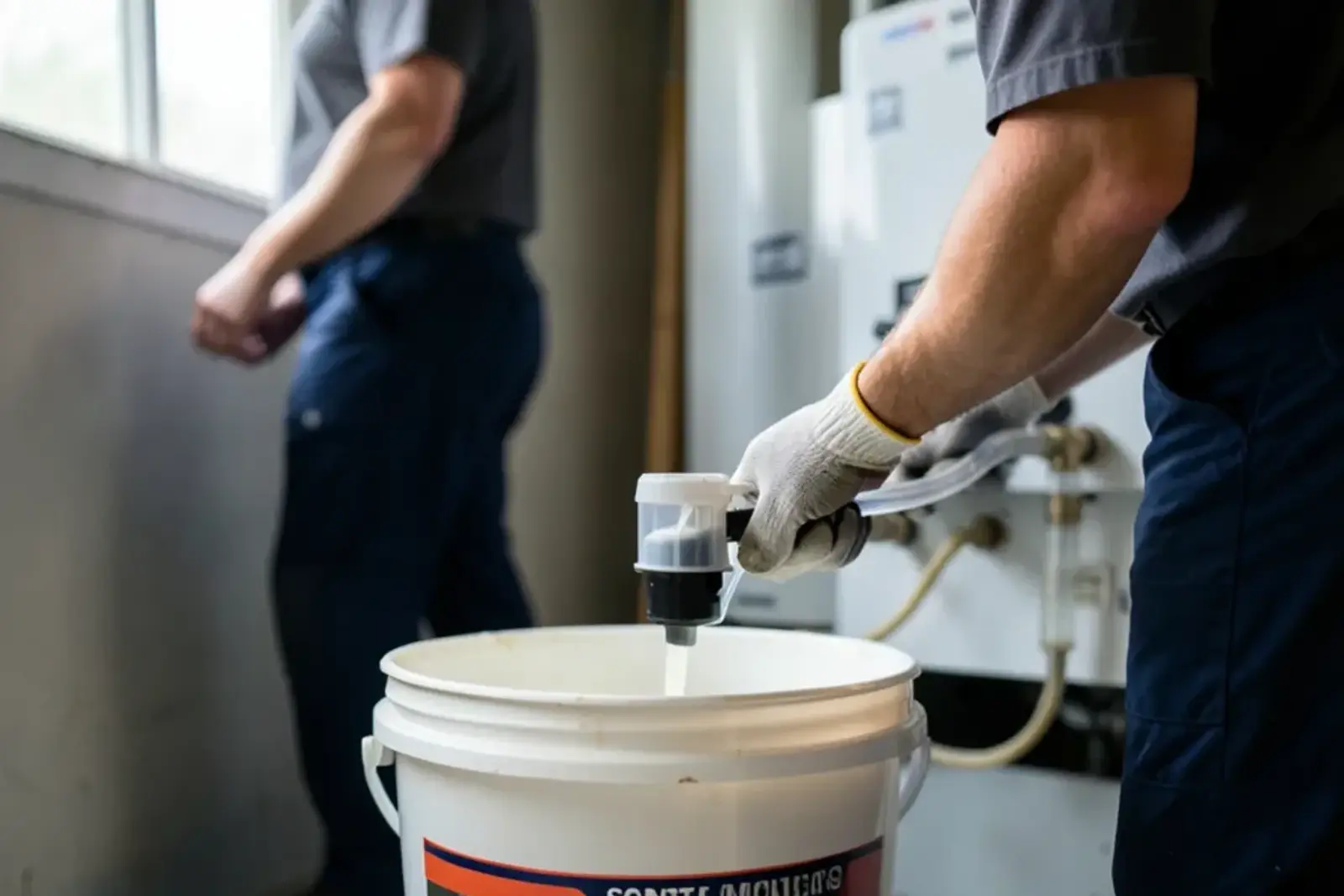 Small pump in a bucket circulating descaling solution through hoses attached to tankless service valves