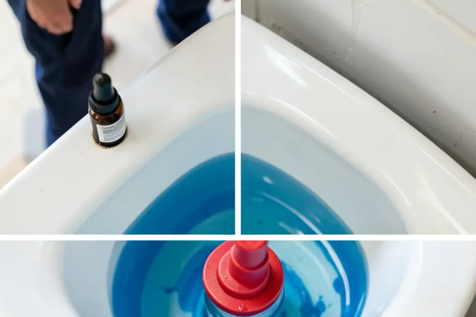 Blue food coloring spreading through the water in an open toilet tank during a flapper leak check