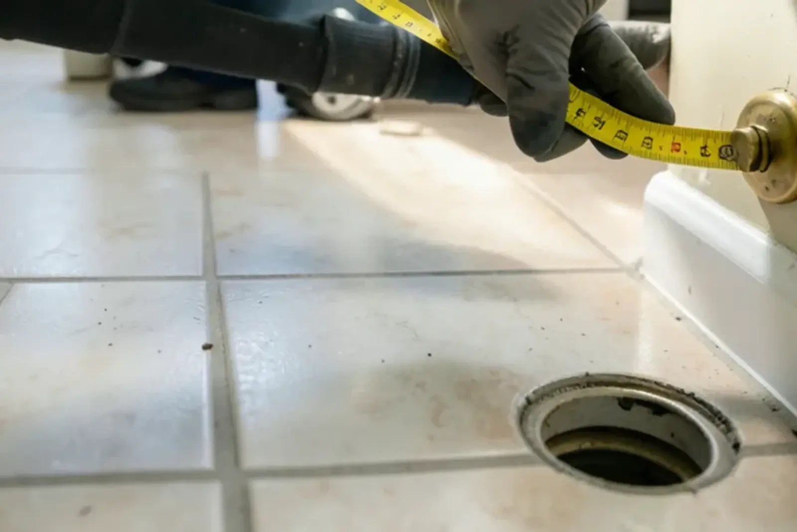 Tape measure stretched from a painted bathroom wall to the closet bolt of a removed toilet