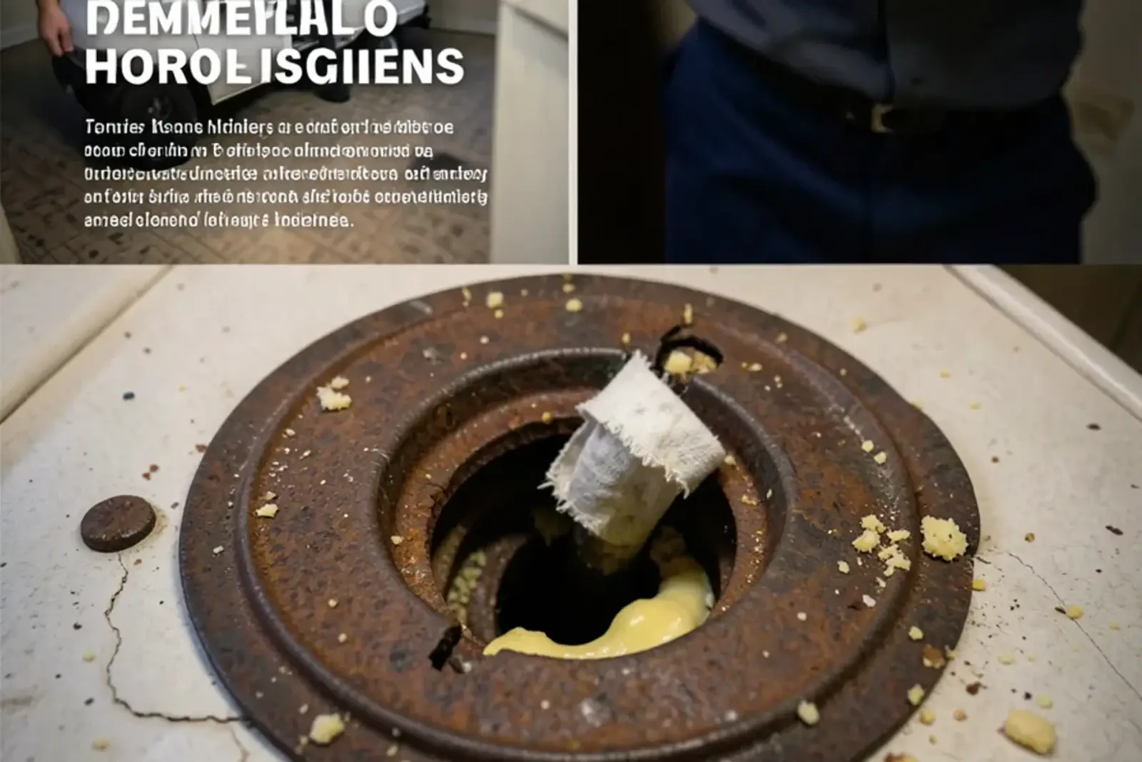 Old cast-iron closet flange with a broken bolt slot and leftover wax around a toilet drain opening