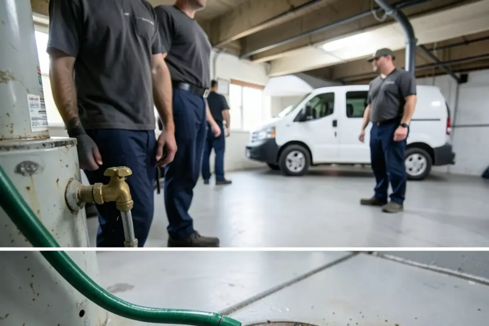 Garden hose running from the drain valve of an old gas water heater to a basement floor drain