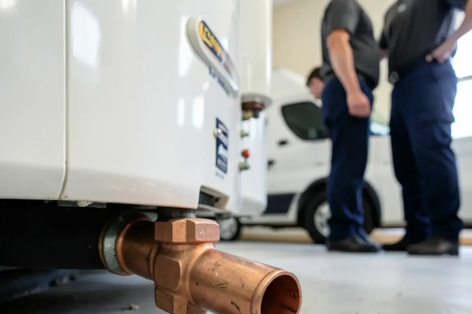 Copper relief valve discharge pipe ending a few inches above a concrete floor beside a water heater