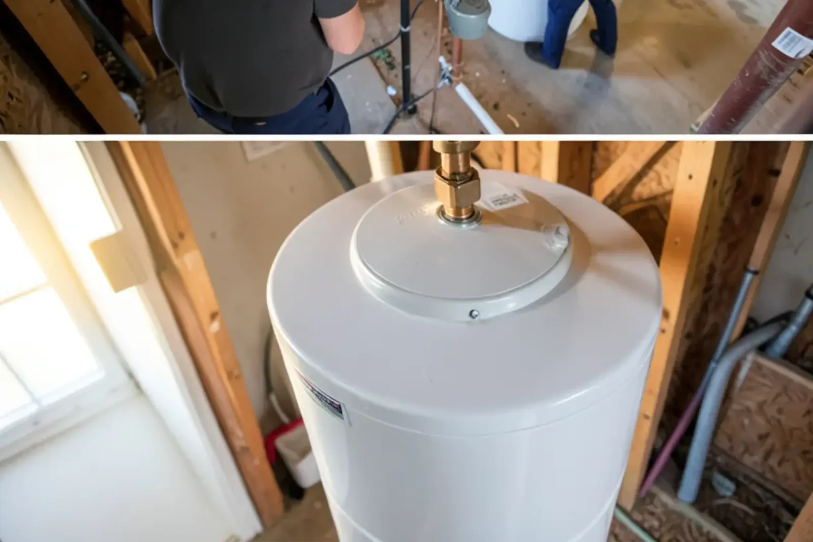 Small thermal expansion tank threaded onto the cold water supply above a new water heater