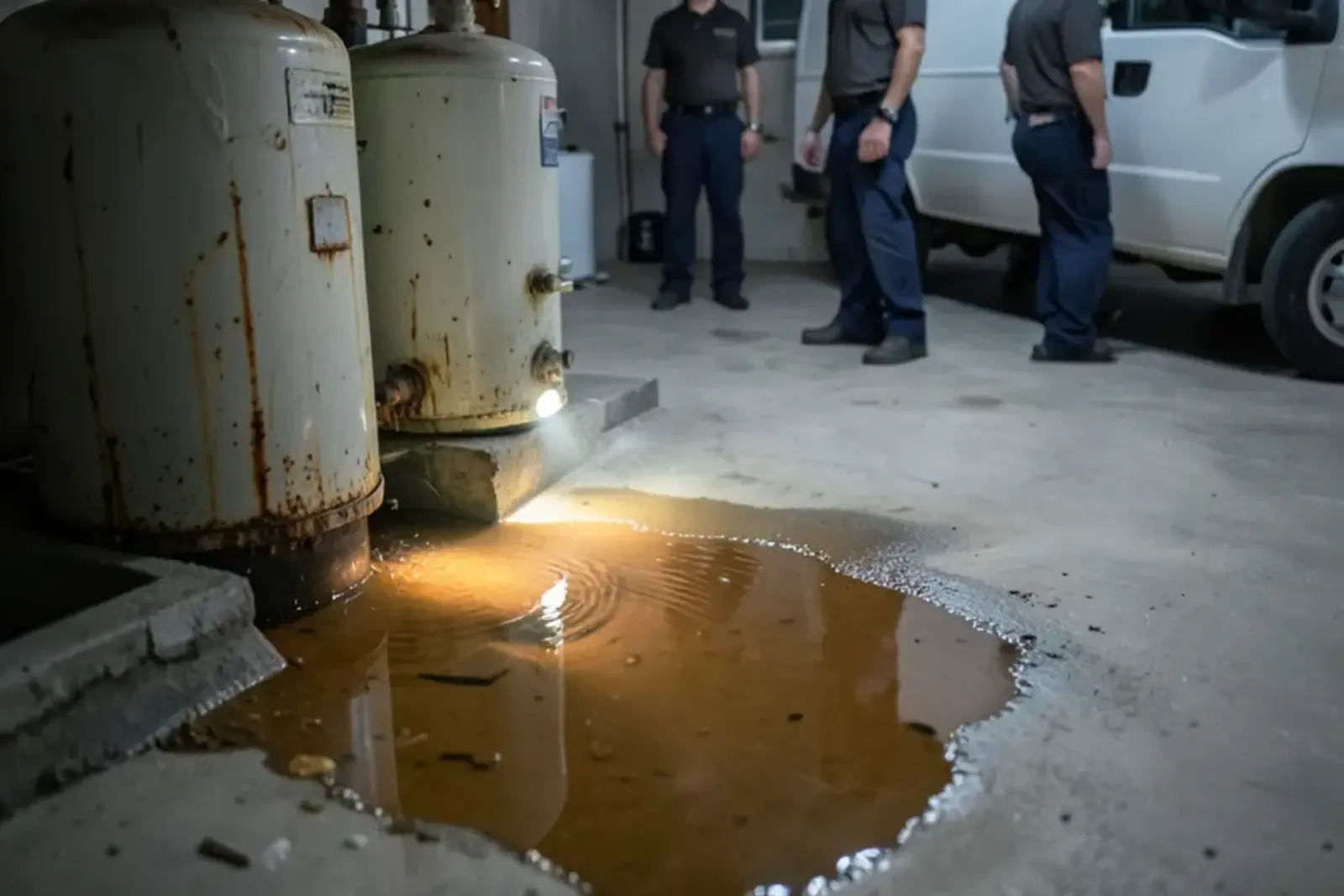 Puddle of rusty water spreading on a concrete floor from the base of an old gas water heater
