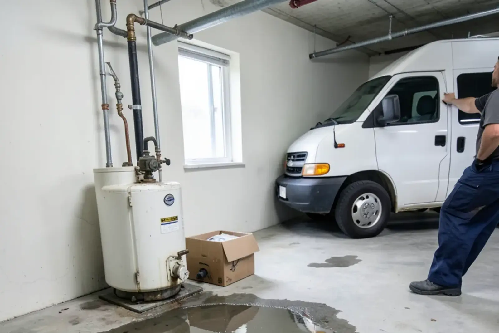 Shallow puddle spreading on a basement floor around the base of a gas water heater