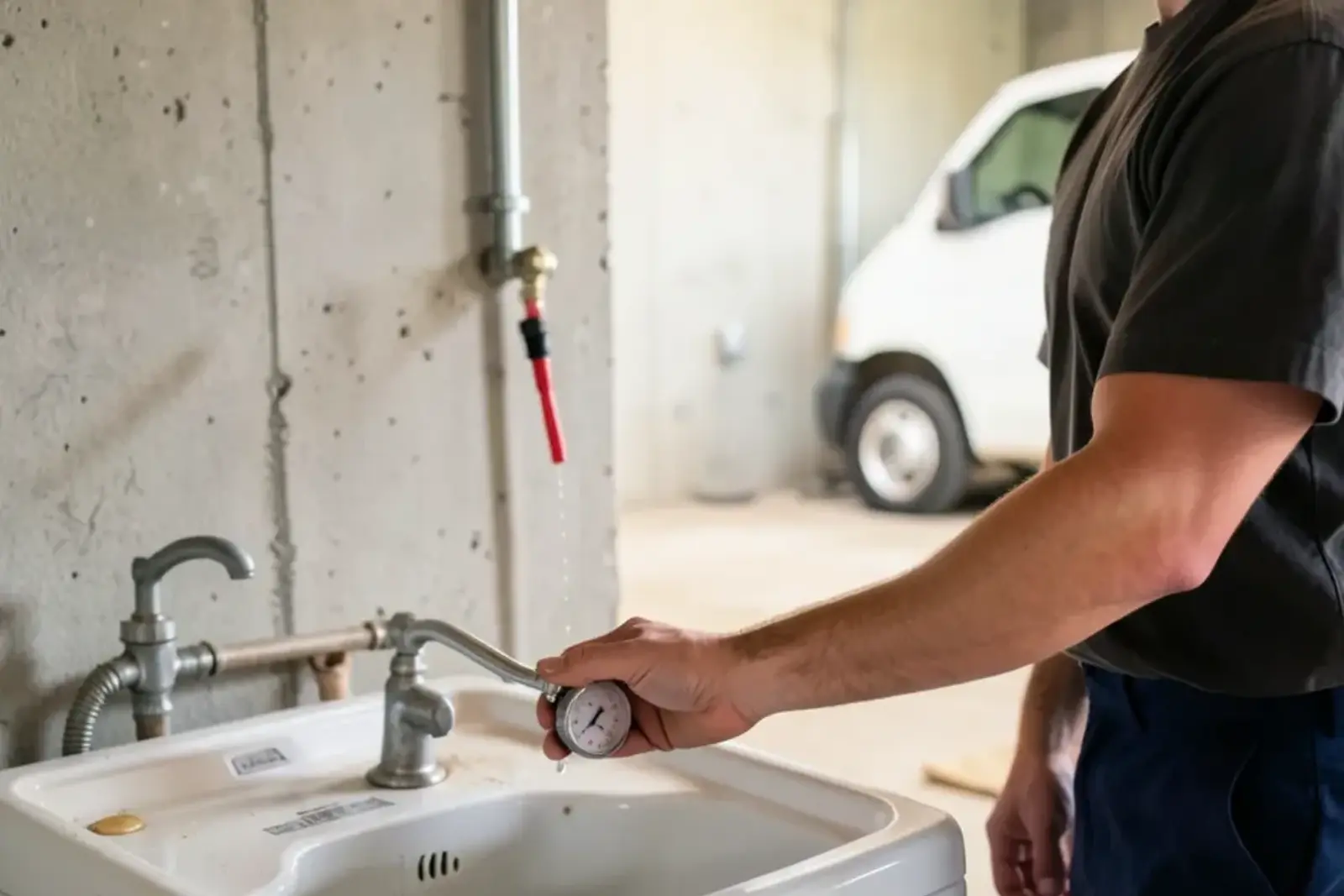 Water pressure gauge threaded onto a laundry tub faucet to read the house pressure