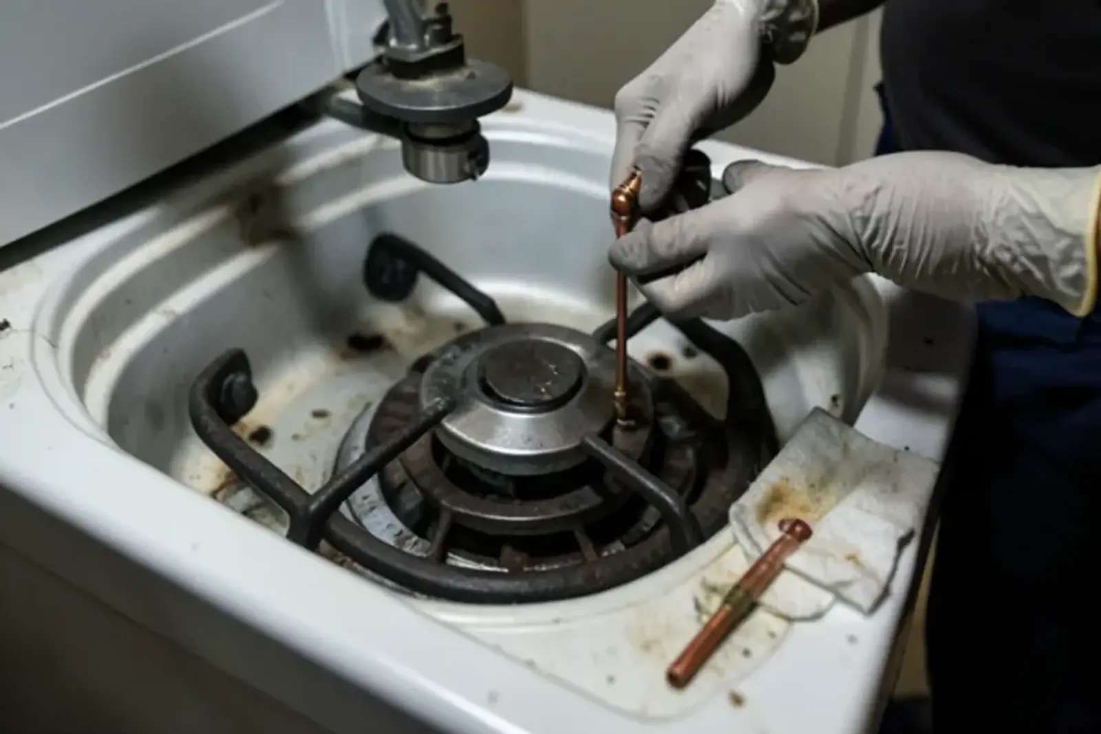 Gloved hands fitting a new thermocouple into the pilot bracket of a gas water heater burner