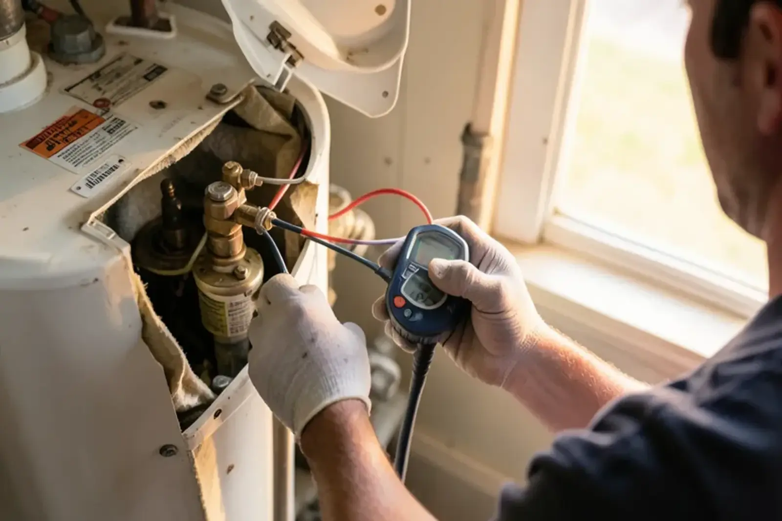 Multimeter probes touching the terminals of an electric water heater element behind its access panel