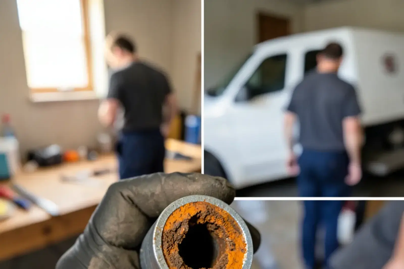 Cross-section of a cut galvanized water pipe with its opening narrowed by orange rust scale