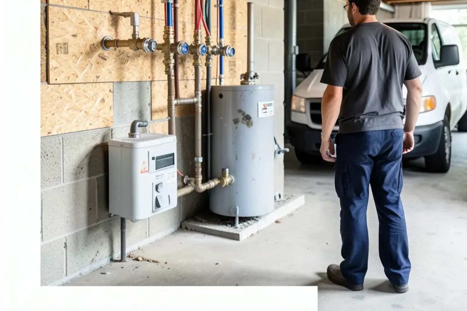 PEX distribution manifold with a row of quarter-turn valves mounted on a basement wall near the water heater