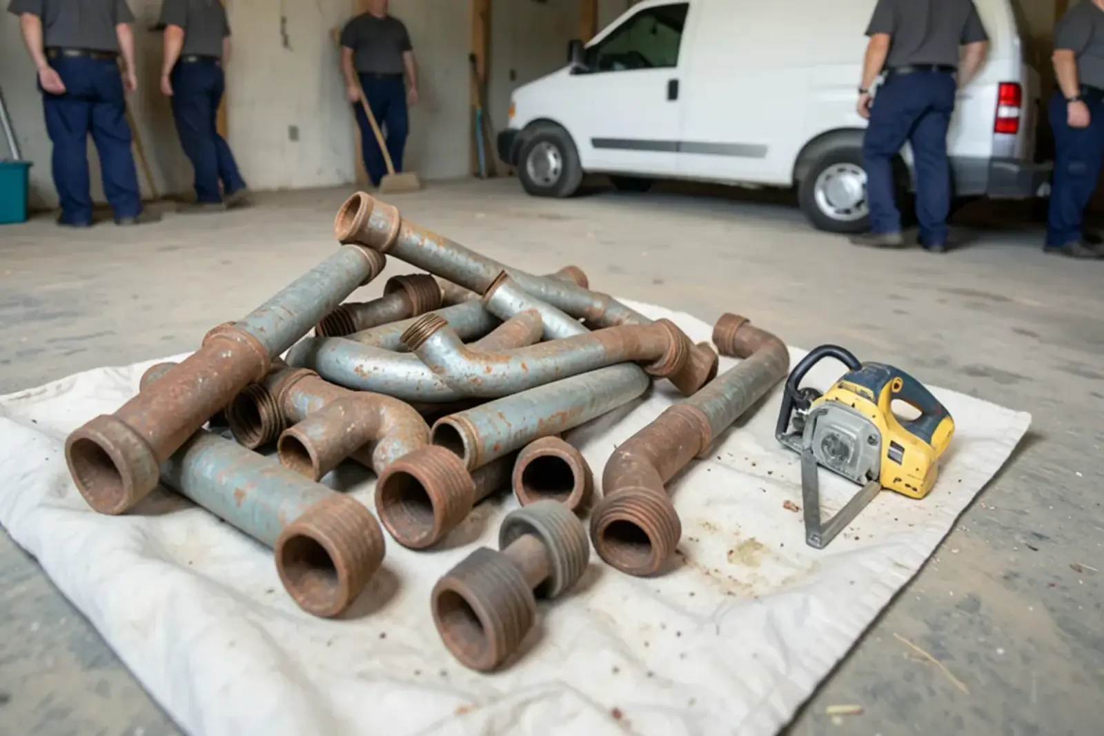 Lengths of rusty galvanized pipe and fittings just removed from a basement ceiling, piled on a drop cloth