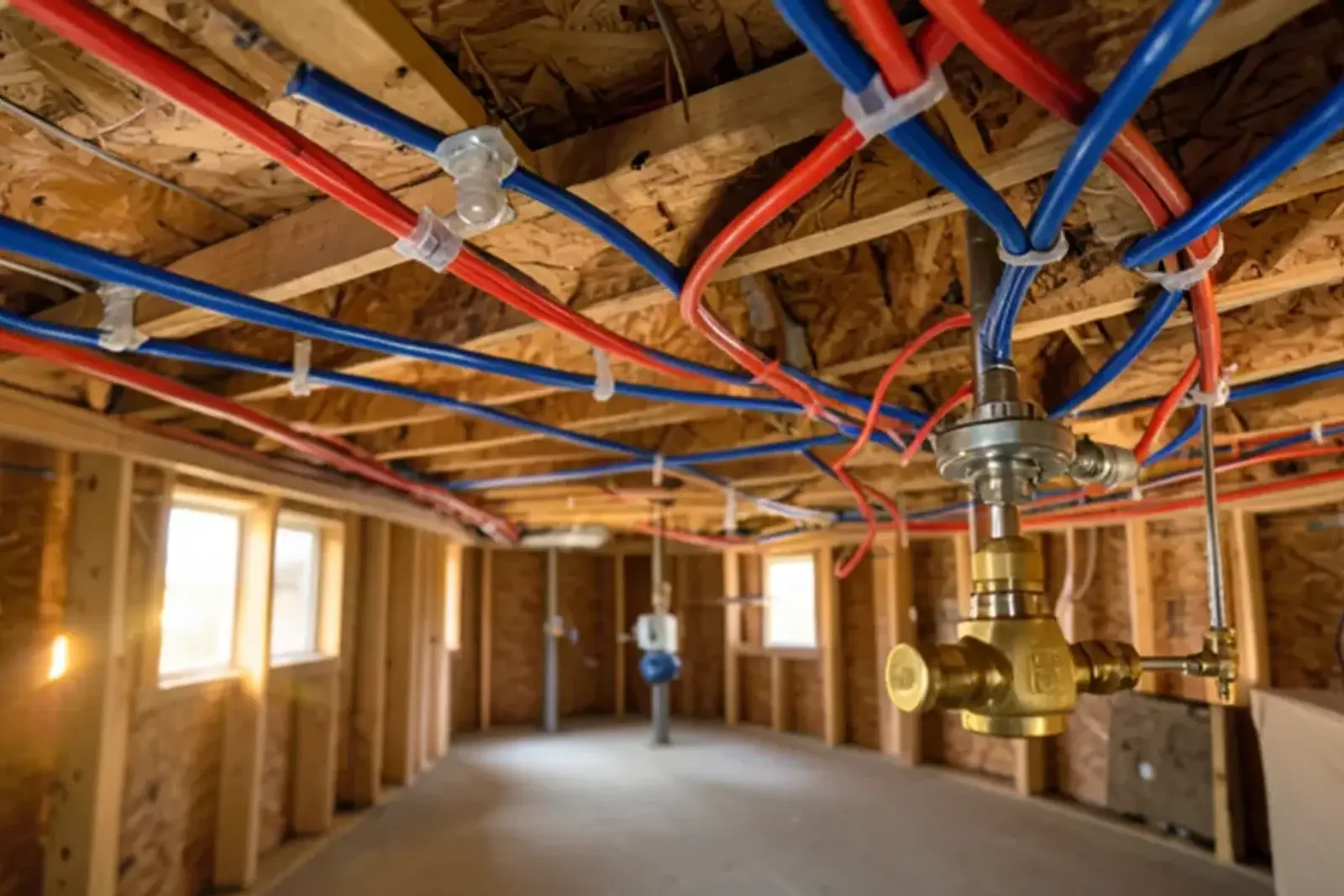 Neat parallel runs of red and blue PEX strapped through drilled joists in a basement ceiling