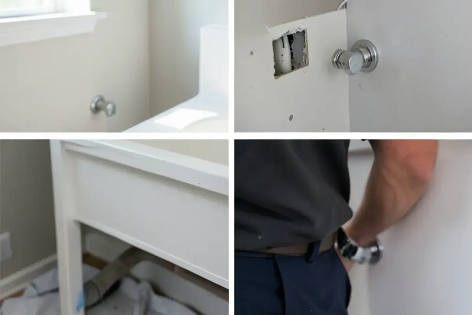 Small rectangular drywall opening above a bathroom vanity showing new PEX stub-outs and shutoff valves