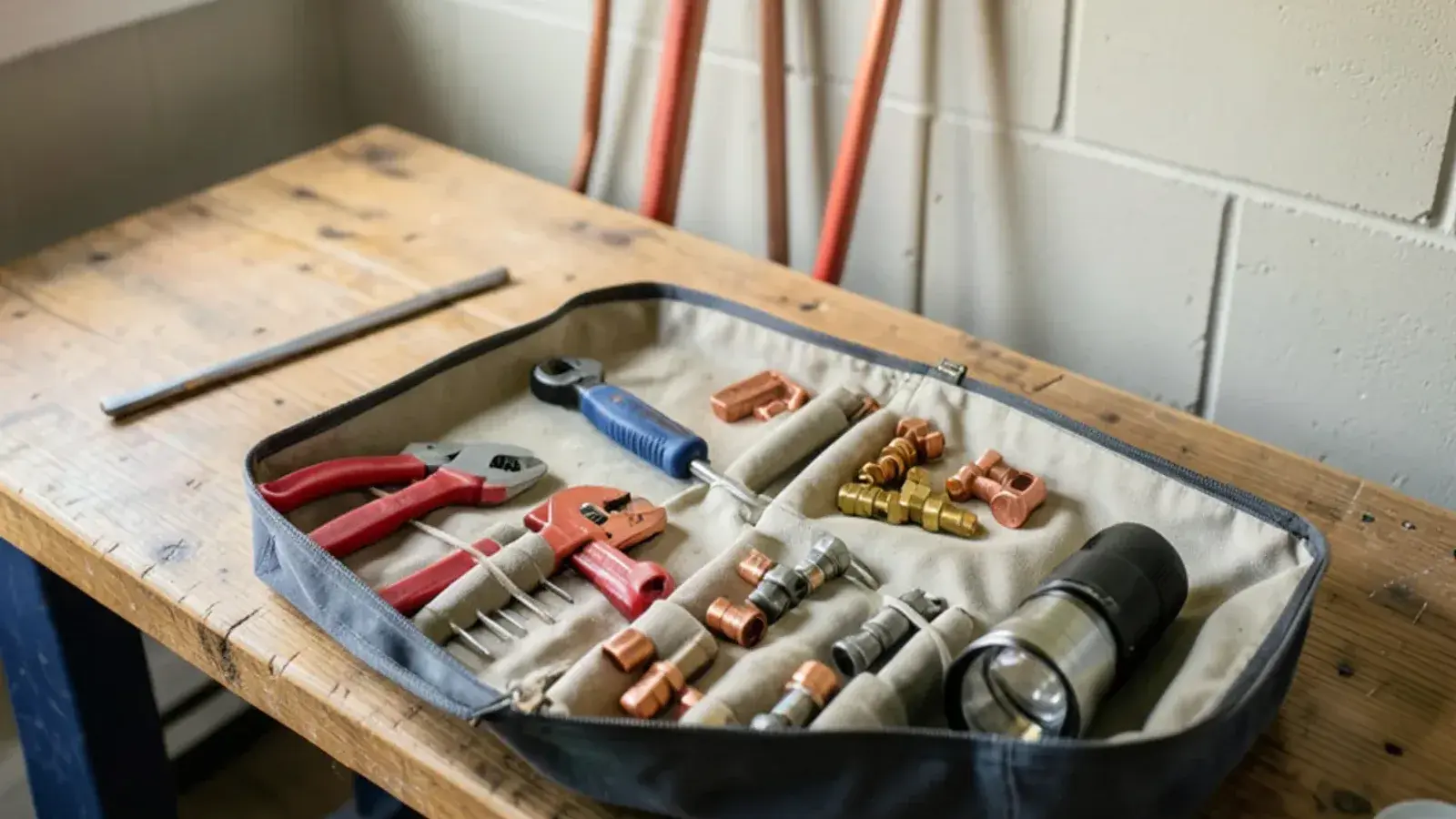Open plumber's tool bag with pipe wrenches, a PEX crimper and fittings on a basement workbench